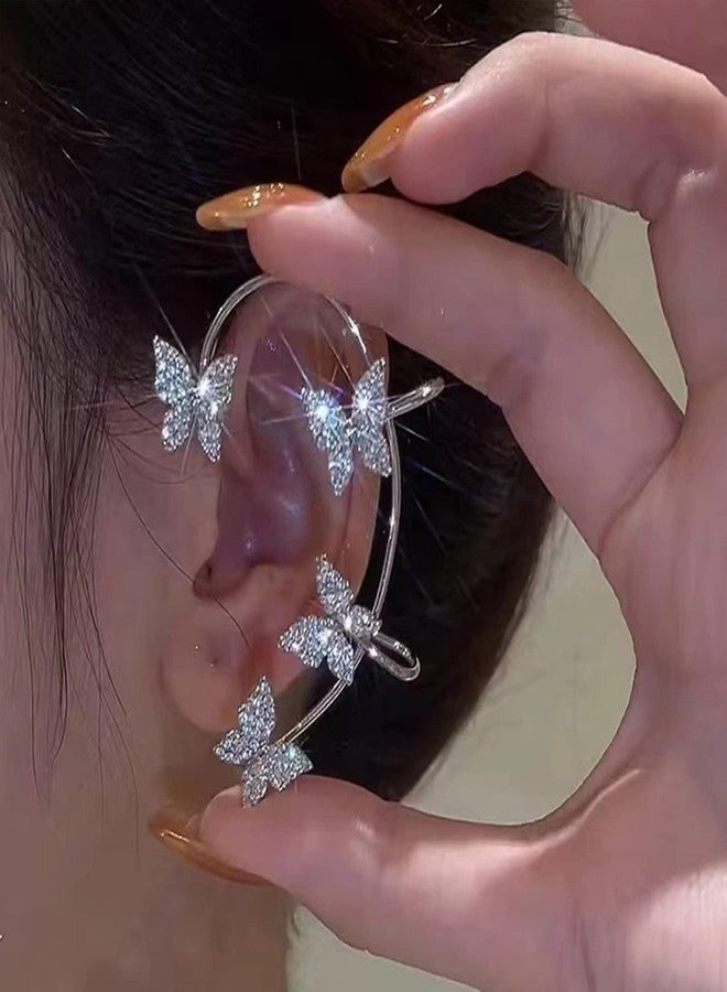DOLLESS Butterfly Ear Cuffs Earrings Rhinestone Butterfly Ear Wrap No Piercing Ear Cuff Clip On Earrings for Women (Silver) - Image 2